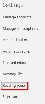 reading pane settings in Mail and Calendar app