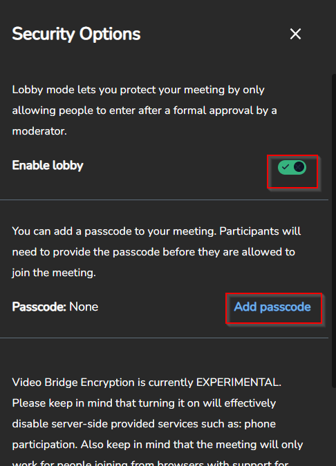 setting meeting passcodes and enabling lobbies