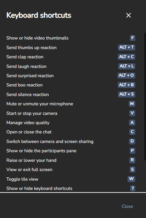 Brave Talk keyboard shortcuts