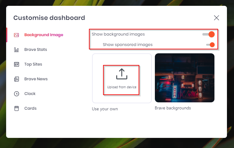 background image option for Brave dashboard