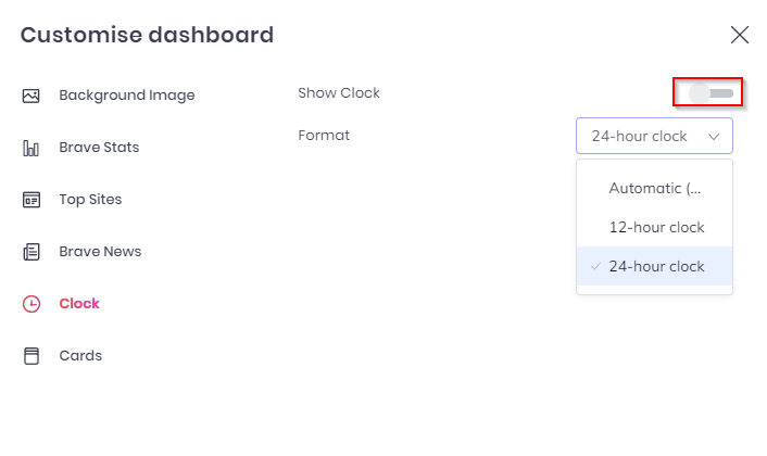 Clock options for Brave dashboard