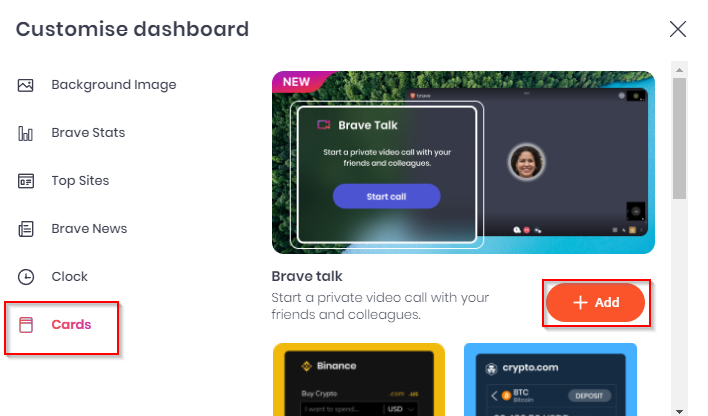 choose the cards to add to Brave dashboard