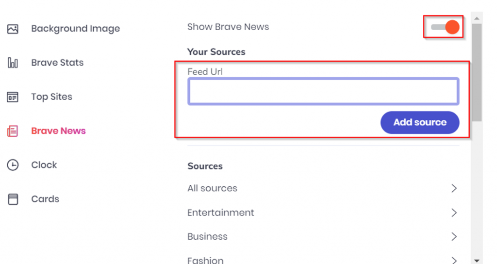 configuring Brave News sources