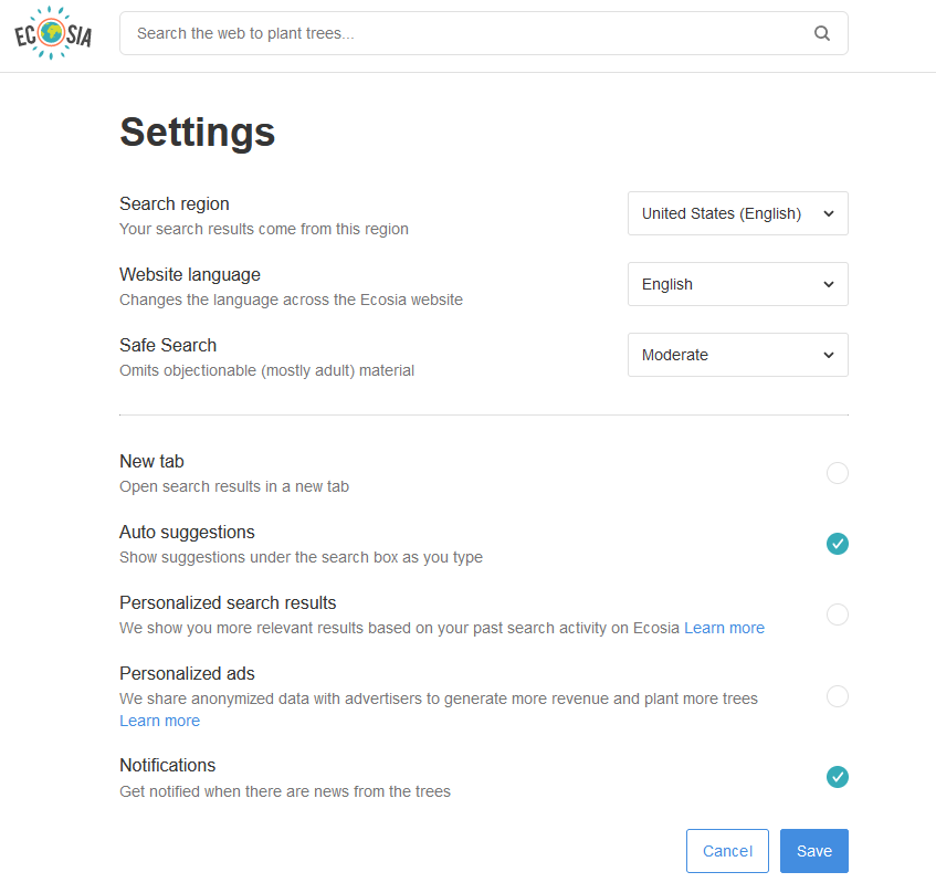 Ecosia settings