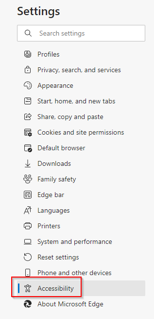 Accessibility settings in Edge