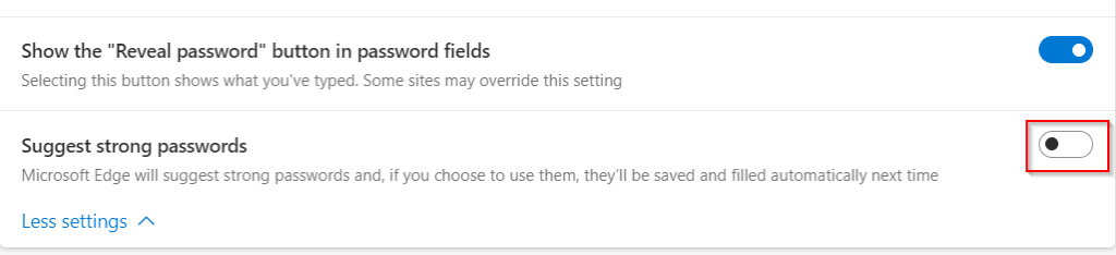 toggle the suggest strong passwords feature