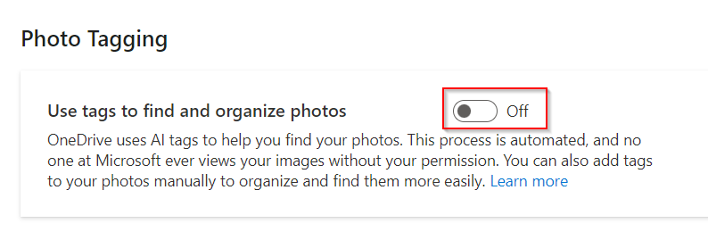 disable photo tagging in onedrive