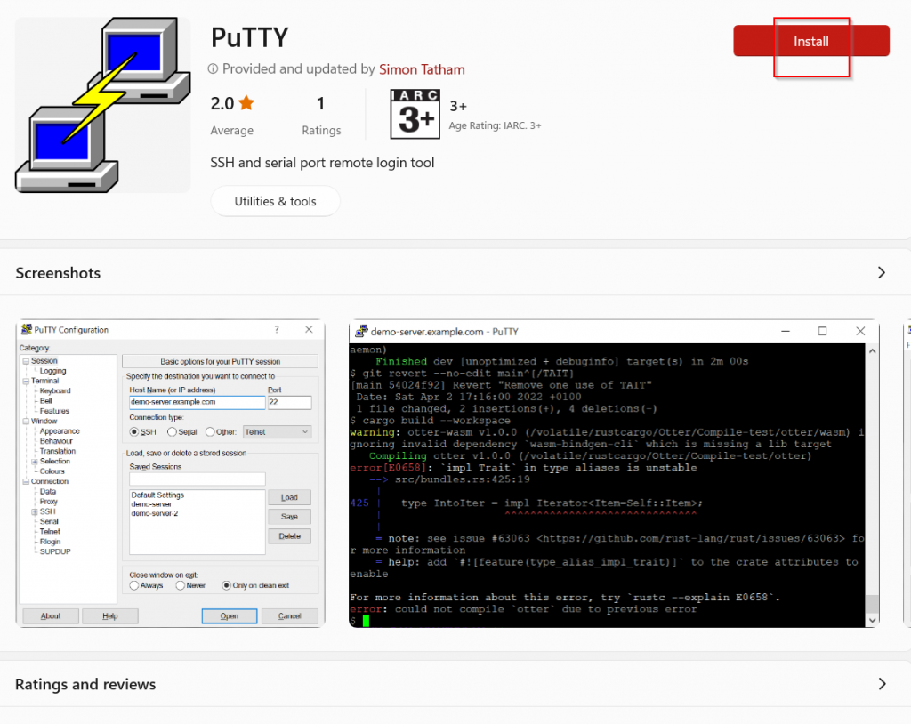 PuTTY in Windows store