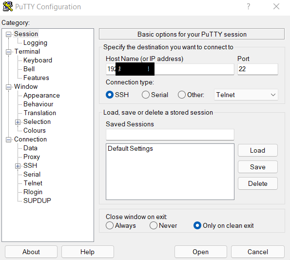 opening a ssh connection using PuTTY