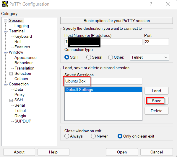 saving ssh sessions in PuTTY