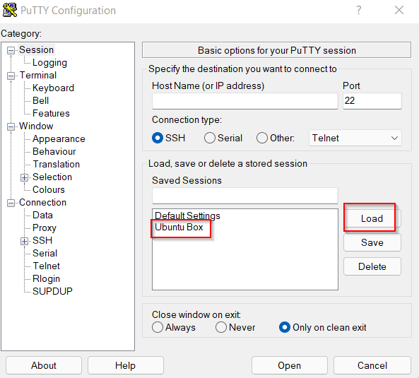 loading ssh sessions in PuTTY