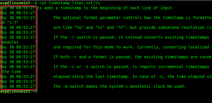 piping text file output to ts