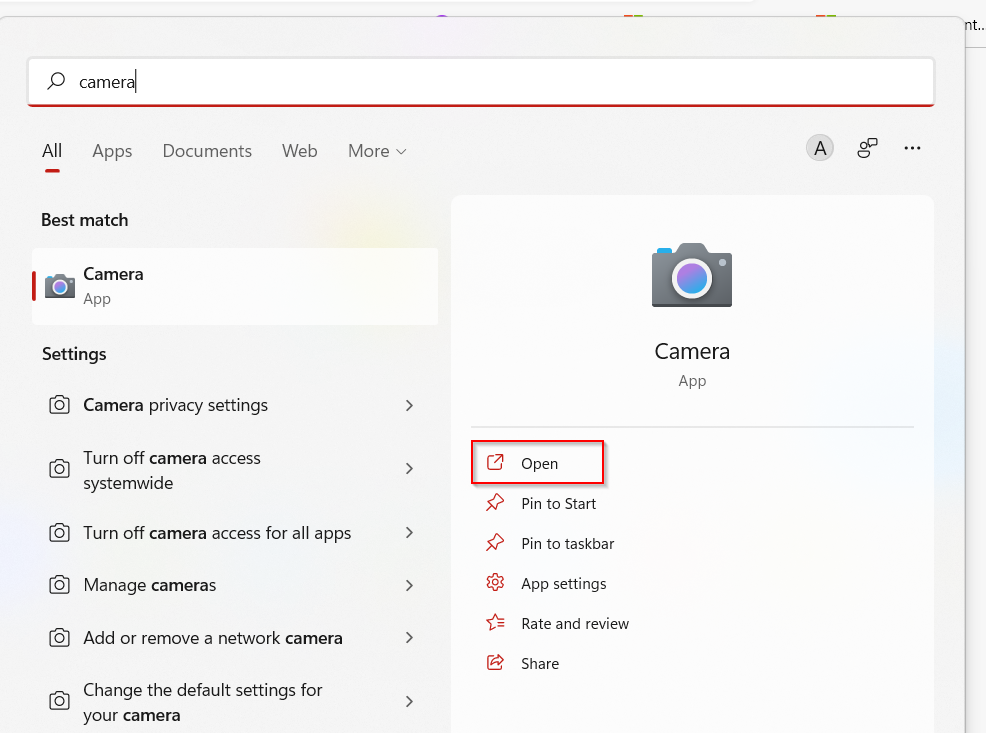 accessing camera app in windows 11