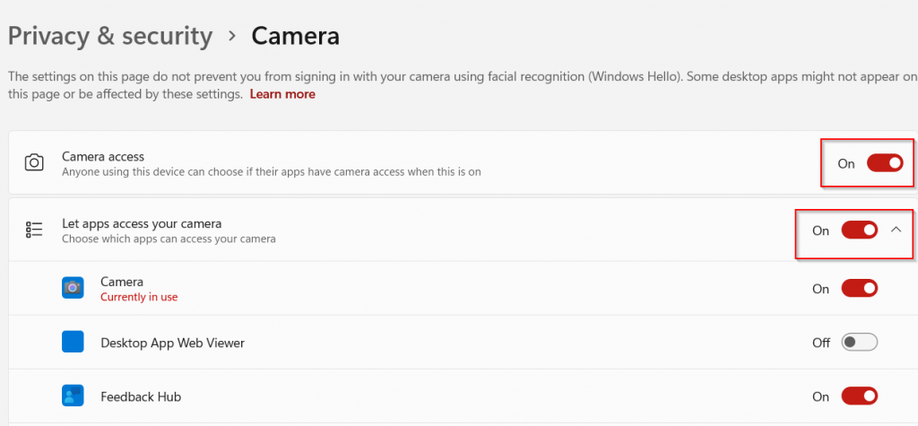 turn off camera access for apps in windows 11