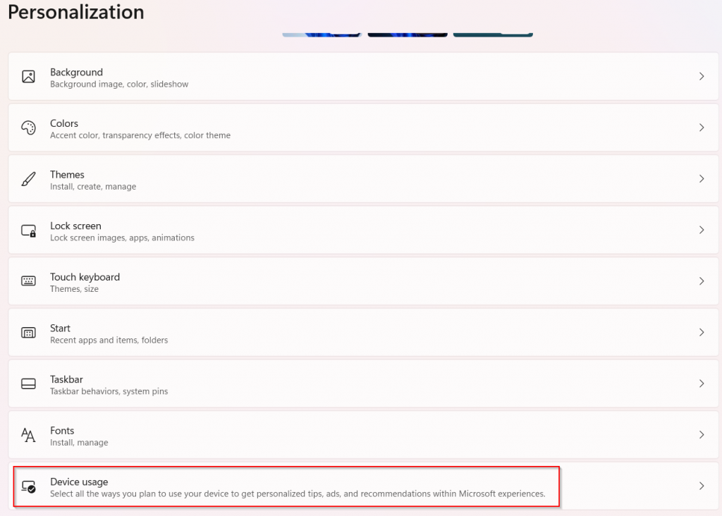 Device usage section in Windows 11