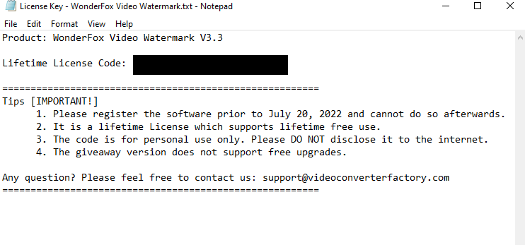 license key for WonderFox Video Watermark and activation instructions