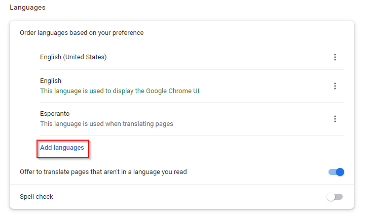 Languages section in Chrome