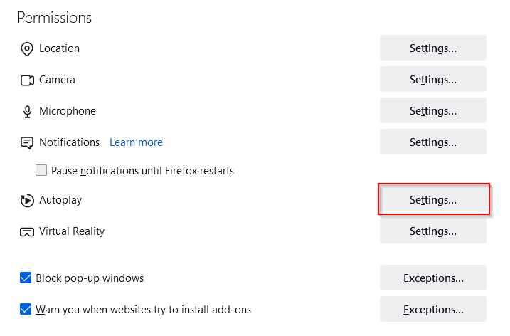 accessing autoplay settings in Firefox