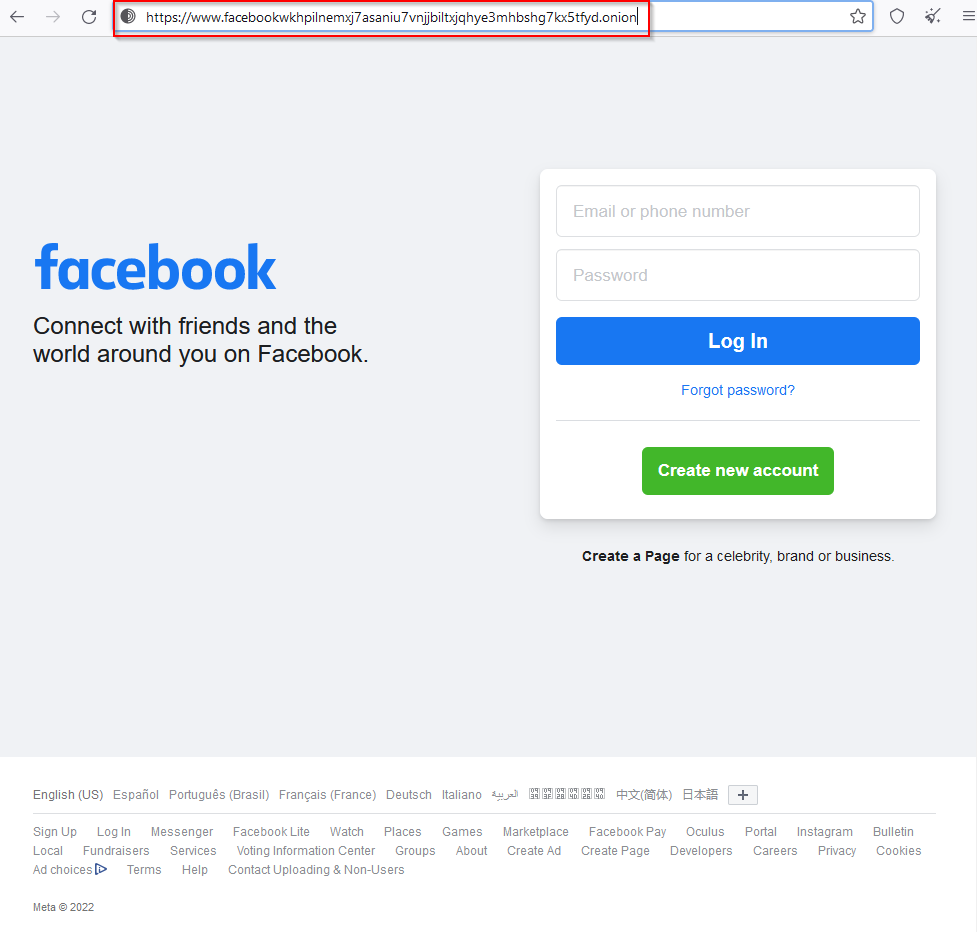 Facebook onion address