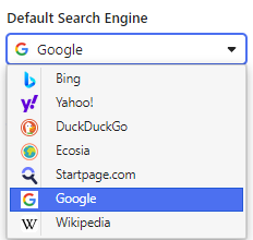 list of available search engines for default searches