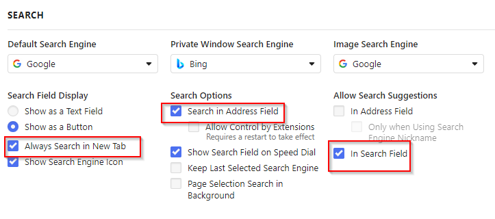 changing display and search settings for search engines in Vivaldi