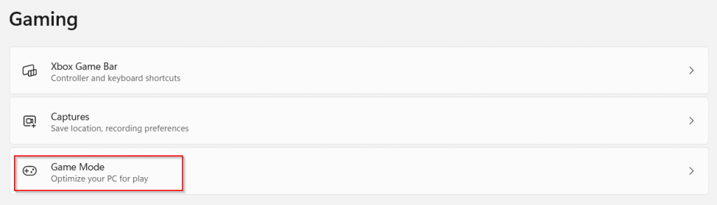 Gaming settings in Windows 11