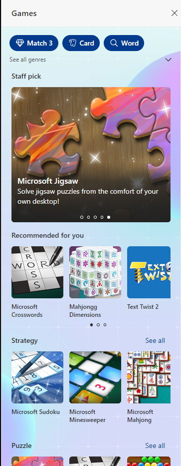 Games sidebar in Edge