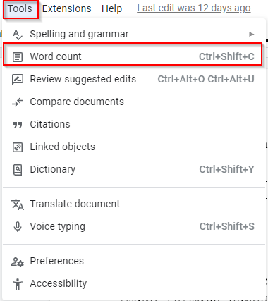 accessing word count settings in Google Docs