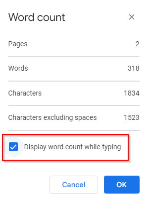 enable the word count indicator while typing