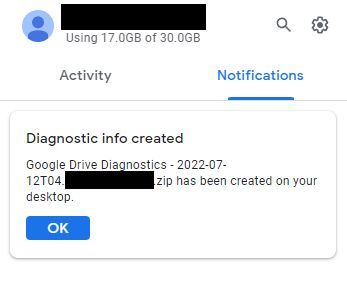 Diagnostic info generated for Google Drive desktop