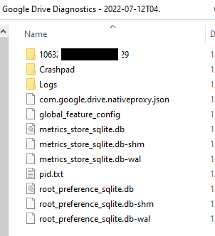 contents of the diagnostic reports for Google Drive desktop