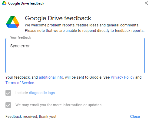 feedback form submitted for Google Drive desktop