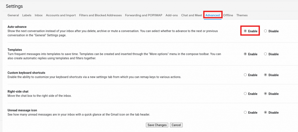 Advanced Gmail settings for auto-advance