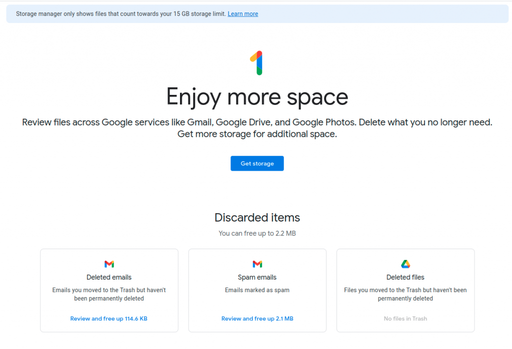 Discarding deleted items using Google One dashboard