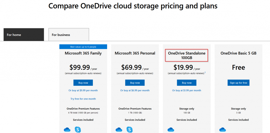 OneDrive plans and pricing for home use