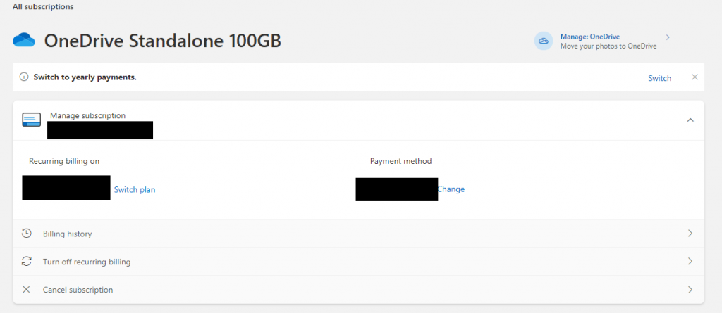 Subscription details for OneDrive standalone plan