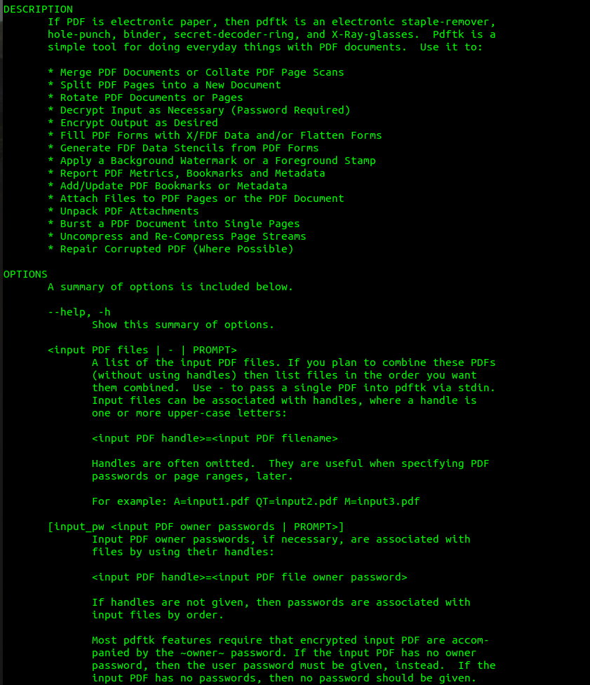help screen for pdftk