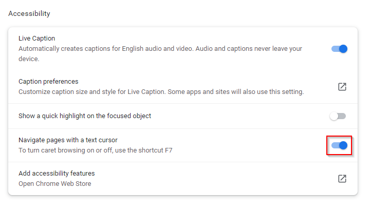 Caret browsing settings in Chrome