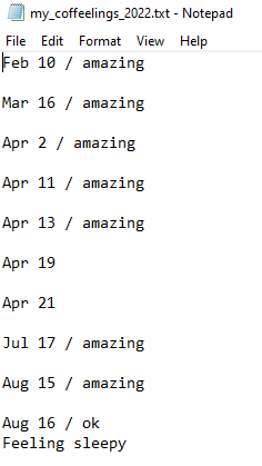 coffeelings journal saved as a text file