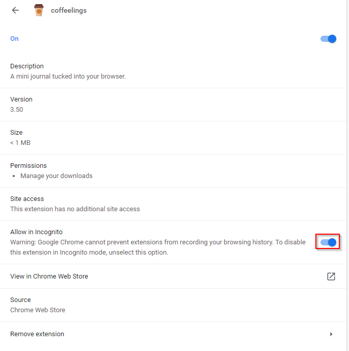 enabling coffeelings for incognito mode