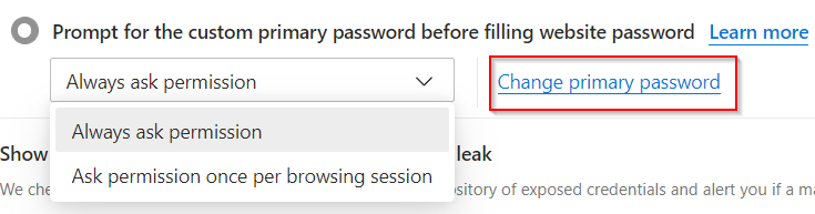 Primary password settings in Edge