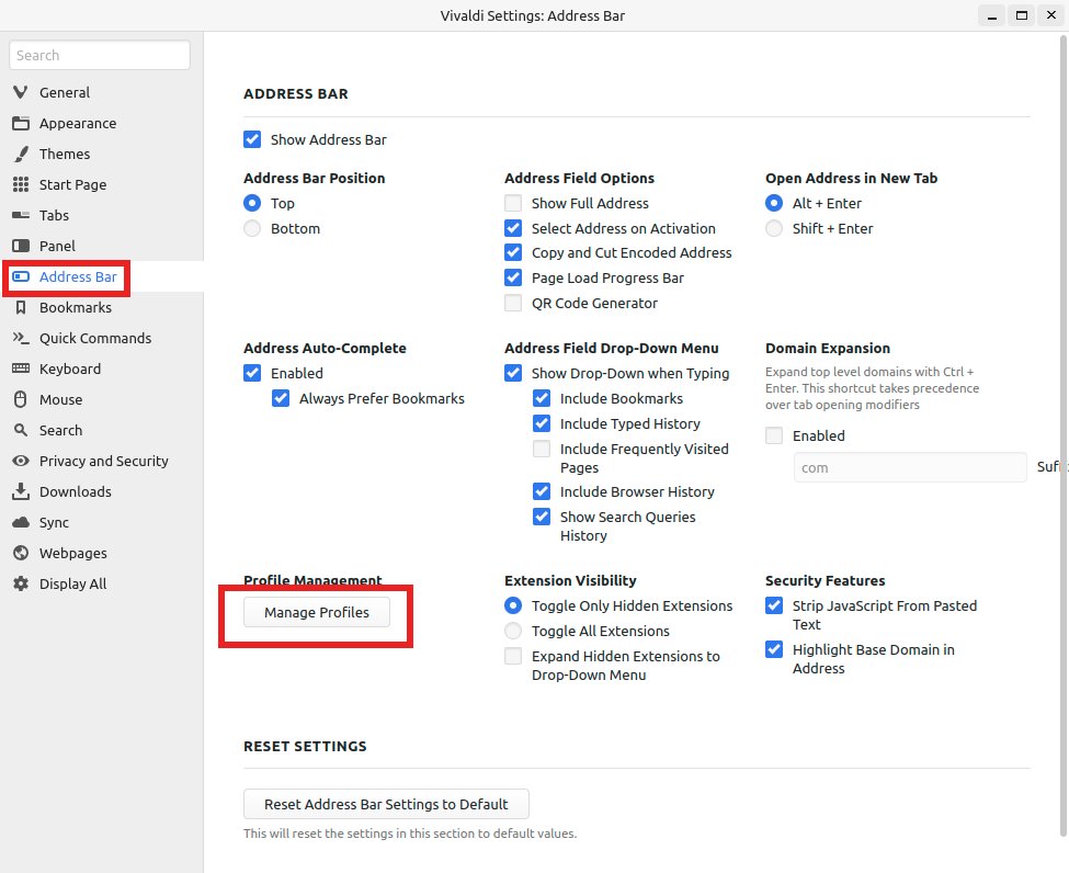 Manage profiles option in Vivaldi