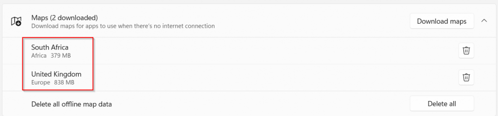 a list of downloaded maps in Windows 11