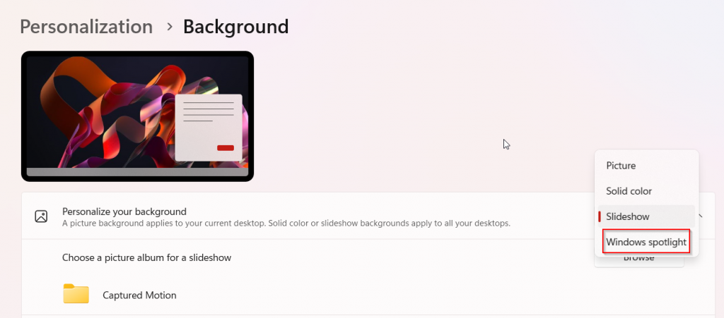 Personalization options for background in Windows 11