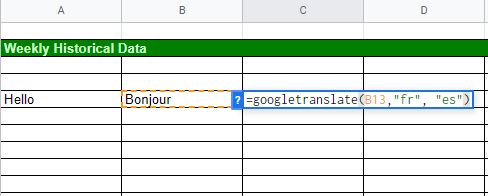 translating text in different languages in Google Sheets