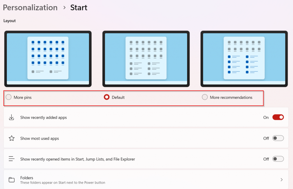 Personalize Windows 11 Start menu layout