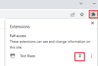 pinning Text Blaze Chrome add-on