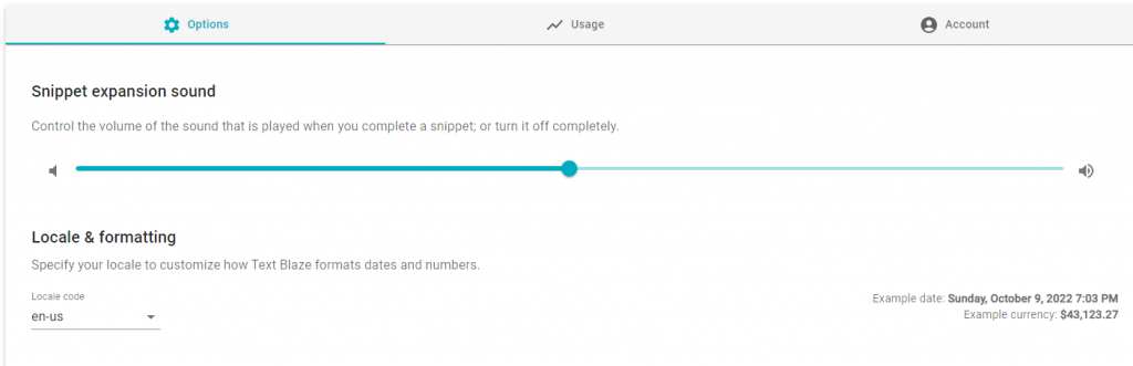 change the sound and locale settings for Text Blaze