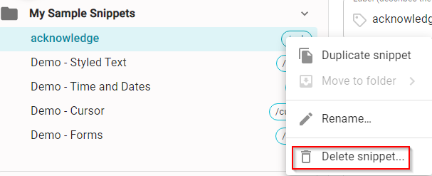 deleting snippets in Text Blaze