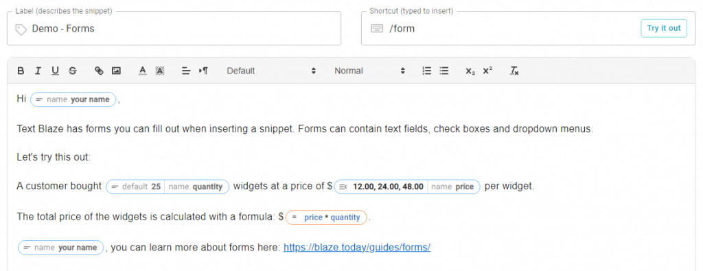 default form snippet in Text Blaze